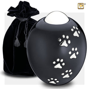 Adore™ Midnight Black Colored Paw Printed Oval Shaped Large Pet Cremation Urn with Black Urn Pouch
