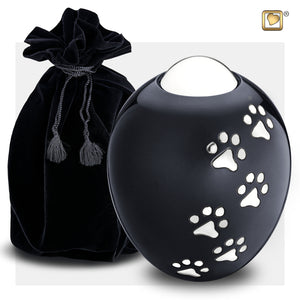 Adore™ Midnight Black Colored Paw Printed Oval Shaped Medium Pet Cremation Urn with Black Urn Pouch