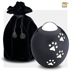 Adore™ Midnight Black Colored Paw Printed Oval Shaped Small Pet Cremation Urn with Black Urn Pouch