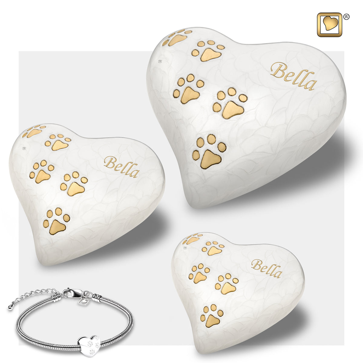 Medium Heart Pet Urn Pearl White & Brushed Gold