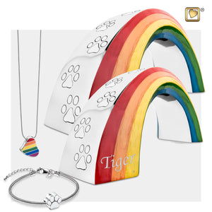 The Rainbow Bridge™ Large & Small Pet Cremation Urns with Paw shaped cremation jewelry bracelet & a rainbow colored heart shaped pendant necklace