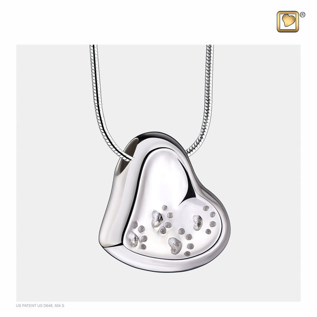 Leaning Heartª with Paw Prints Two Tone Rhodium Plated Sterling Silver Cremation Pendant