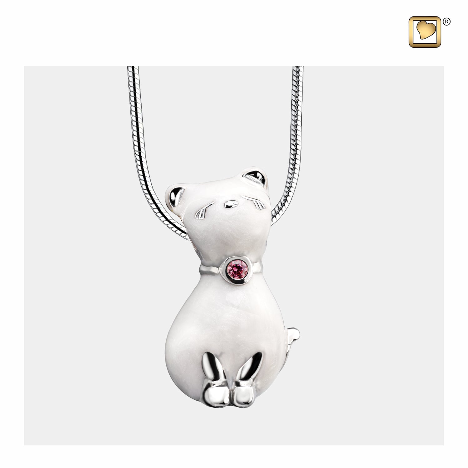 Princess Cat™ Shaped Pearl Colored with Pink Swarovski Crystal Sterling Silver Cremation Pendant