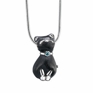 Princess Cat™ Shaped Midnight Black Colored with Sapphire Swarovski Crystal Sterling Silver Cremation Pendant