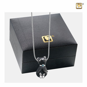 Princess Cat™ Shaped Midnight Black Colored with Sapphire Swarovski Crystal Sterling Silver Cremation Pendant Necklace with Black Jewelry Box