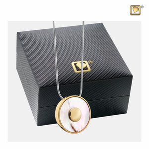 Mother of Pearl™ Circle Shaped Sterling Silver Gold Plated Cremation Pendant with Black Cover Box
