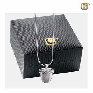 Acorn™ Shaped Two Tone Sterling Silver Cremation Jewelry Pendant Necklace with Black Jewelry Box