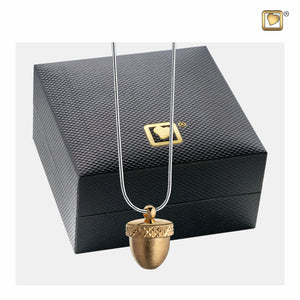 Acorn™ shaped Gold Vermeil Two Tone Sterling Silver Cremation Jewelry Pendant necklace with black jewelry box