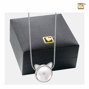 Cat™ Face Shaped Pearl Sterling Silver Cremation Jewelry Pendant Necklace with Black Cover Box