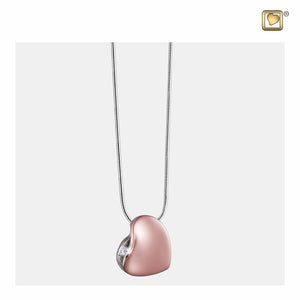 Leaning Heart™ Shaped with Crystal Rose Colored Gold Sterling Silver Cremation Pendant Necklace