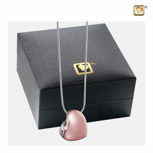 Leaning Heart™ Shaped with Crystal Rose Colored Gold Sterling Silver Cremation Pendant Necklace with Black Cover Box