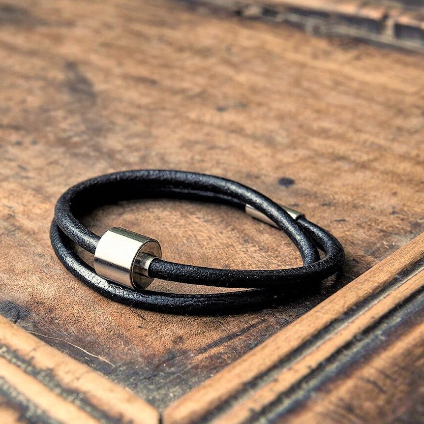 Black & Silver - TadBlu Smooth Leather Men’s Cremation Bead Bracelet