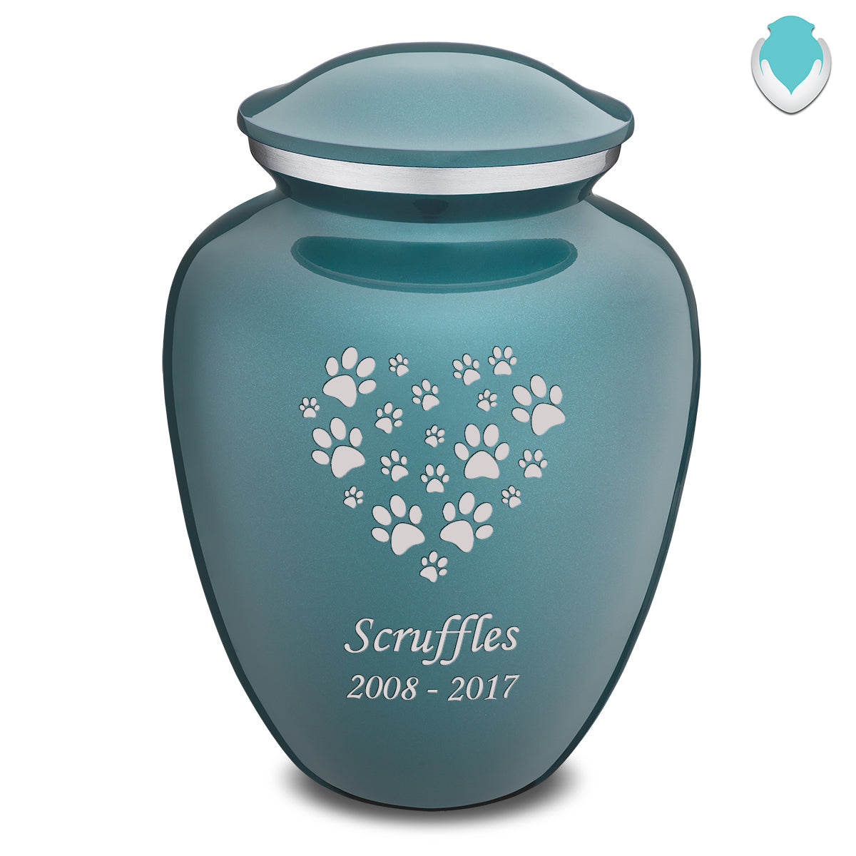 Large Embrace Teal Heart Paws Pet Cremation Urn