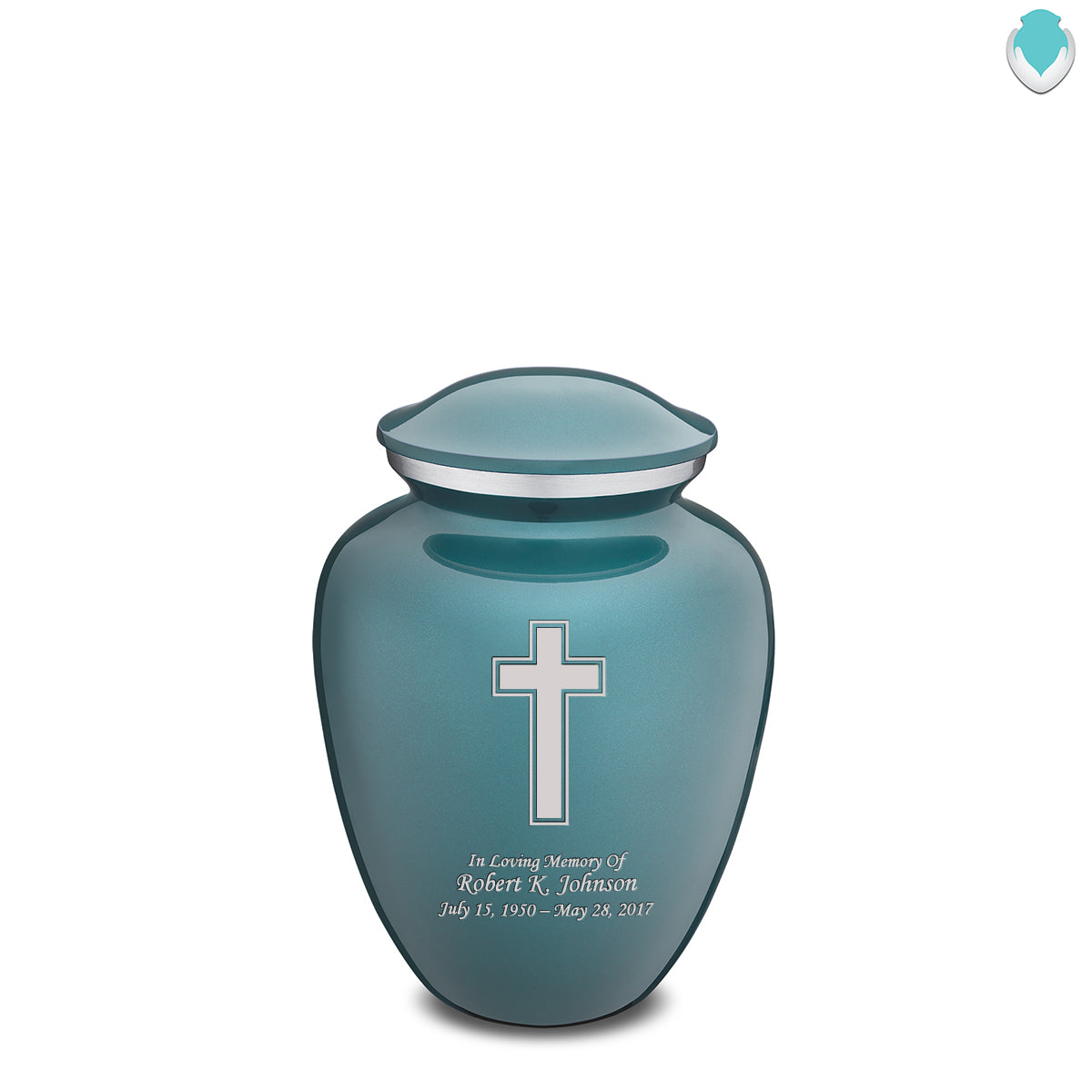 Medium Embrace Teal Simple Cross Cremation Urn