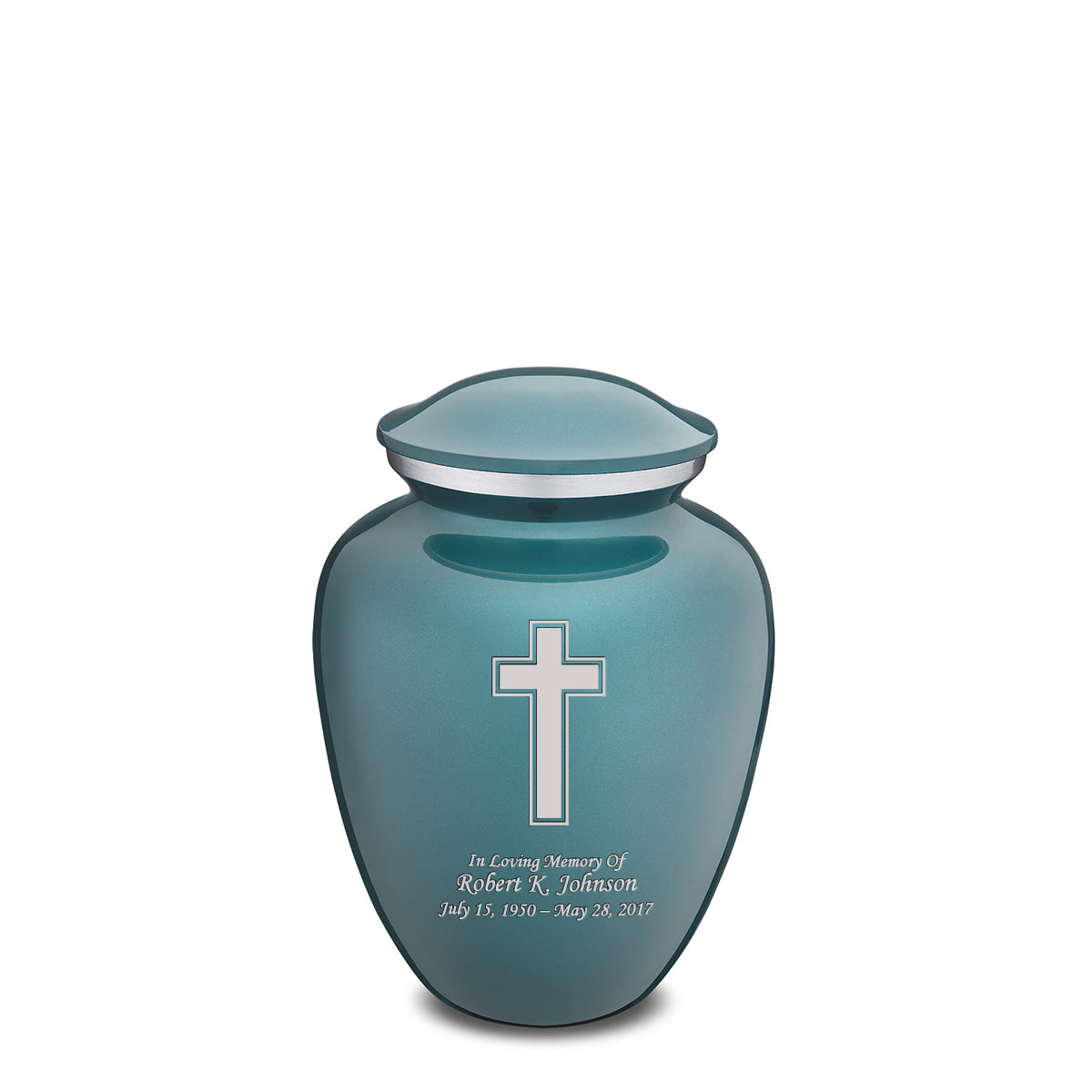 Medium Embrace Teal Simple Cross Cremation Urn